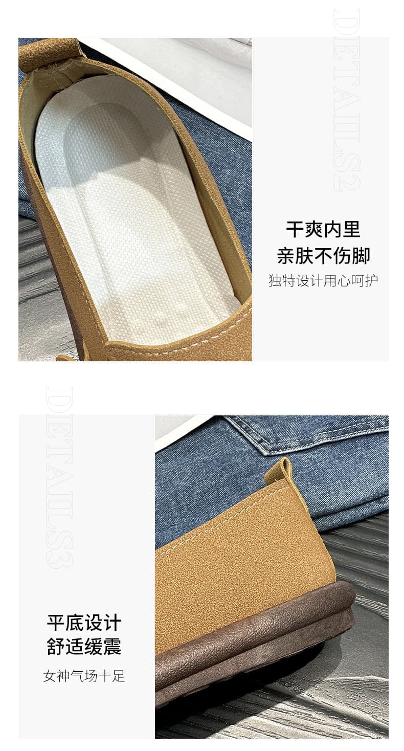 スエード靴 金具ベルト付きラウンドトゥスエードフラットシューズ