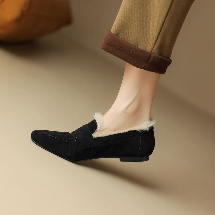 スエード靴 もこもこファー付きスエードローファー