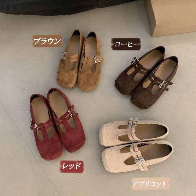 女性用スエード調パンプス二連ストラップローヒール靴