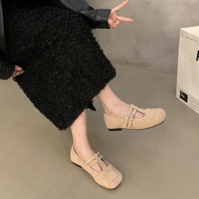 女性用スエード調パンプス二連ストラップローヒール靴